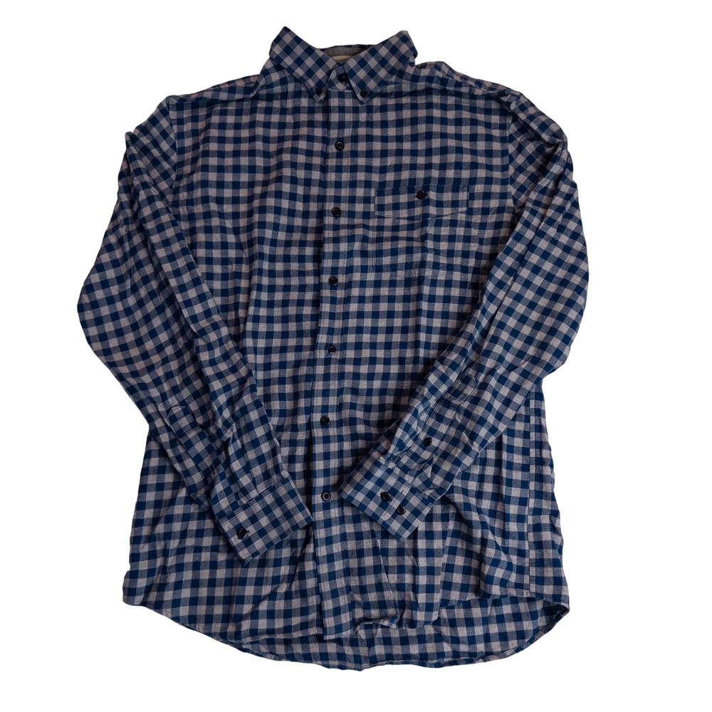 LL Bean Flannel Shirt Mens Medium Regular Blue Gray Gingham Cotton